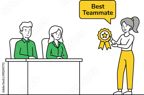 Office award scene with best teammate ribbon and colleagues at desk, teamwork appreciation theme - flat vector illustration