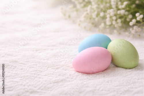 Wallpaper Mural easter eggs on the white fluffy carpet. easter celebration background closeup view Torontodigital.ca