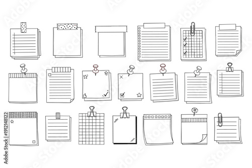 Collection of various blank and lined notepads with clips and pins, vector illustration
