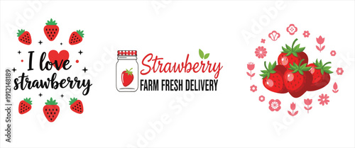Set of strawberry themed illustrations for farm fresh delivery and decorative fruit designs