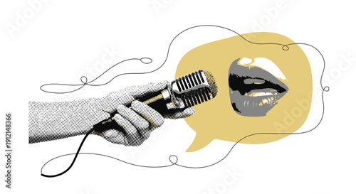 Hand holding microphone with speech bubble and lips 