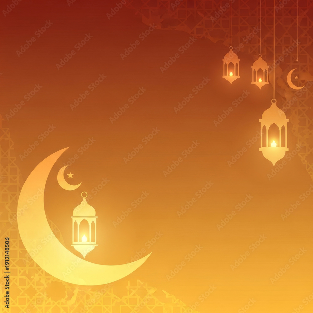 Obraz premium A warm orange and brown gradient background with a large golden crescent moon and glowing Islamic lanterns, suitable for Ramadan or Eid.