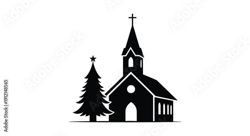 A simple black and white illustration shows a traditional church with a tall steeple and a nearby evergreen tree