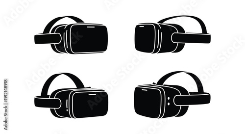 Four black and white line art renderings depict virtual reality headsets from various angles showcasing their design high quality