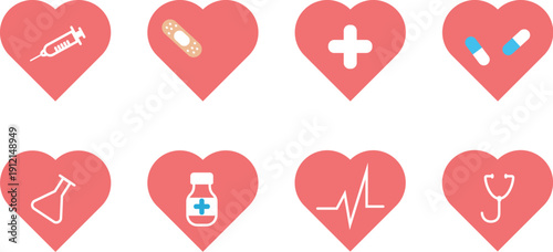Medical heart icons set with pills and healthcare symbols