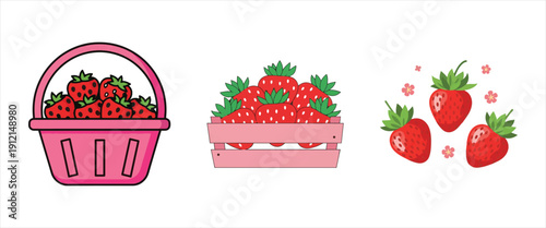 Cute cartoon illustrations of fresh red strawberries in a pink basket, wooden crate, and loose