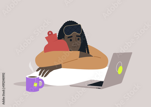 Character lies in bed, arms resting on a laptop while holding a hot water bottle, A steaming cup sits nearby, creating a warm and comforting atmosphere during a sick day.