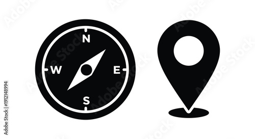 A black and white illustration depicts a classic compass rose alongside a location pin icon symbolizing direction and navigation