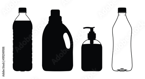 A minimalistic black and white silhouette illustration of various plastic containers and bottles arranged in a row high quality professional detailed