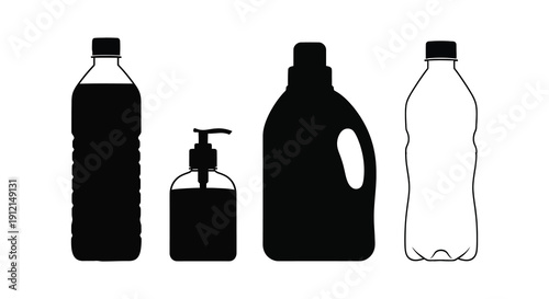 A minimalist black and white illustration showcases four different plastic containers bottles and dispensers in silhouette high quality professional detailed modern elegant stylish