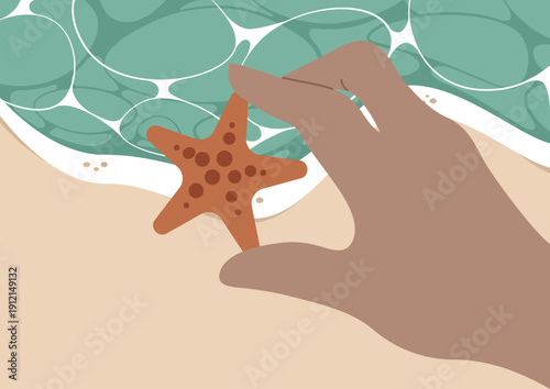 Soft ocean waves lap at the shore as a hand delicately holds a beautiful orange starfish, revealing the wonders of marine life and nature’s artistry by the water’s edge.