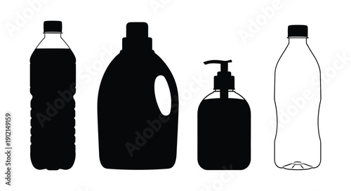 A black and white silhouette illustration depicts four different plastic bottles showcasing various shapes and sizes high quality professional detailed modern