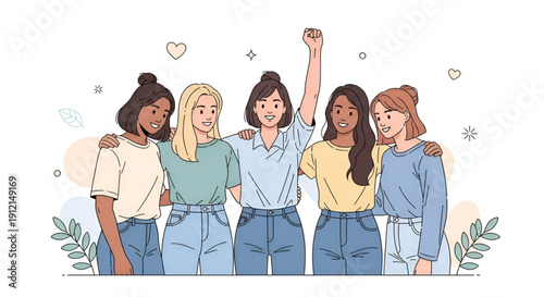 Empowered women standing together celebrating unity equality confidence and strength on international womens day modern diversity concept vector illustration