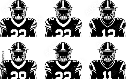 American Football Player Helmet Front View Black and White Vector Set
