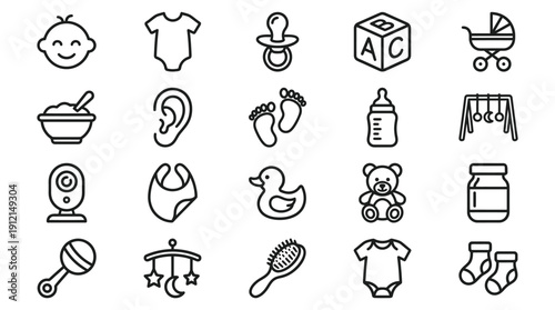 Baby and Newborn Essentials Icon Set: Cute Line Art for Infant Care, Play, and Feeding