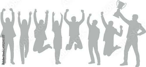 silhouettes people jumping, cheering, and raising their arms, which symbolizes high energy, happiness, and accomplishment. vector
