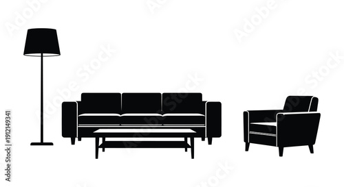A minimalist black and white illustration depicts a modern living room setup with a sofa chair lamp and table high quality