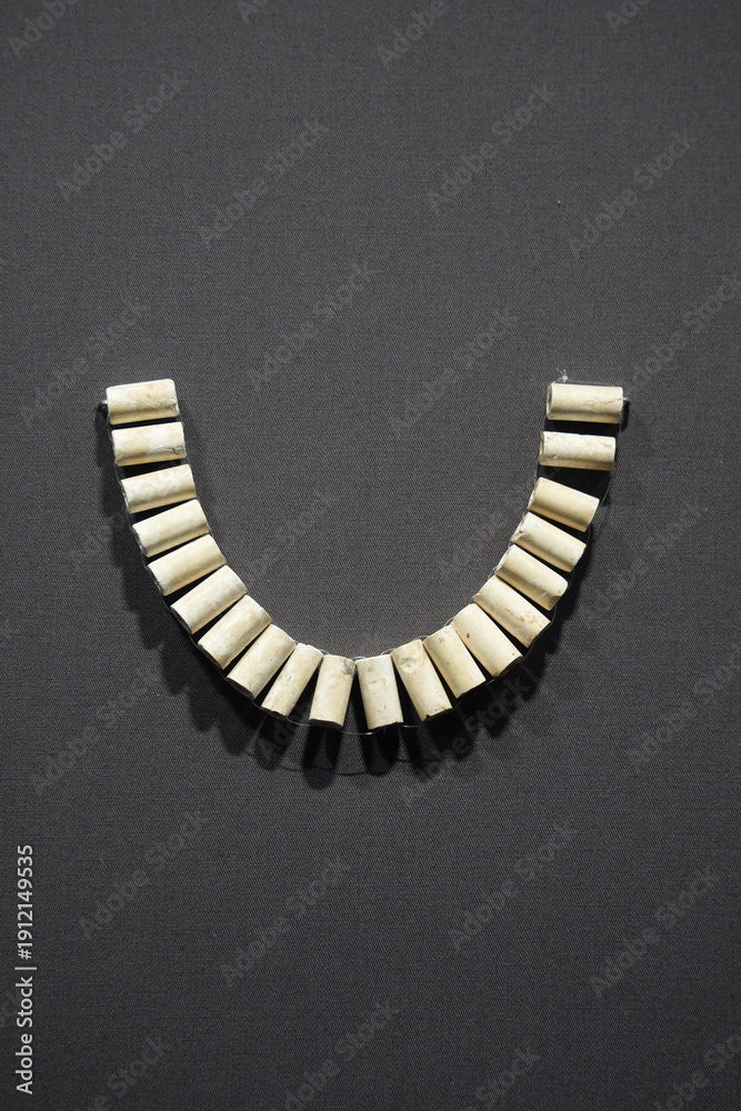 Fototapeta premium Ancient U-shaped necklace made of white bone tubes displayed as archaeological artifact