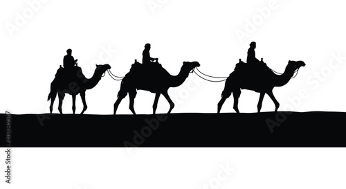 A stark silhouette depicts three camels and their riders traversing a dark barren landscape against a bright white background