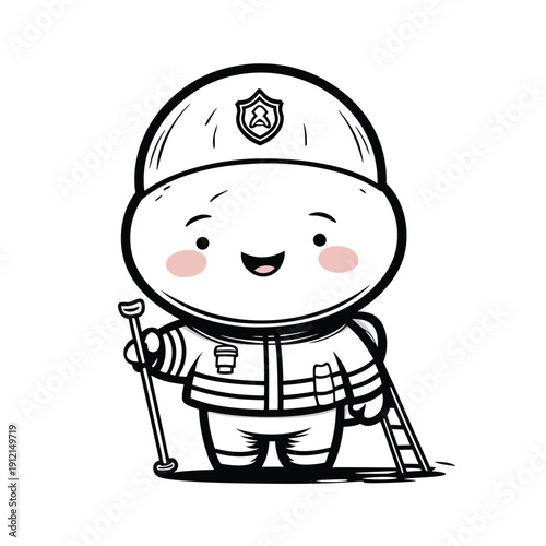 Cute cartoon firefighter character with helmet ladder and hose black and white line art.