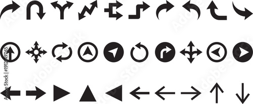 Collection of diverse arrow icons in multiple styles, curved, straight, circular, and triangular designs, black directional symbols for navigation, diagrams, maps, and graphic design projects