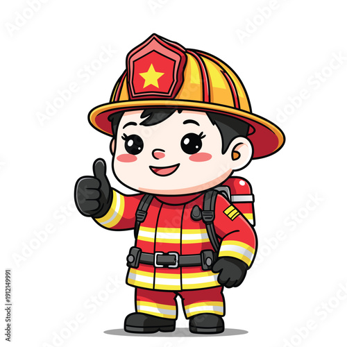 Cute Cartoon Firefighter Giving Thumbs Up Gesture.