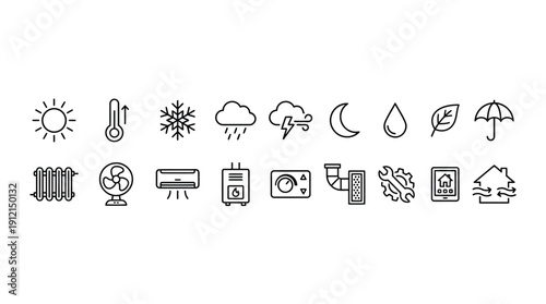 Weather and HVAC Icons Set: Climate Control, Smart Home, Heating, Cooling, and Seasonal Symbols