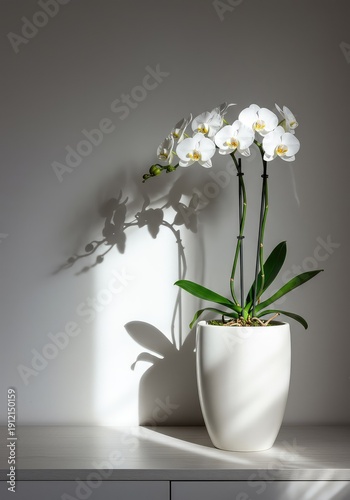 Elegant potted white orchid providing sophisticated and calming decoration in a bright, contemporary, and minimalist interior design space ,minimalist ,living ,purple