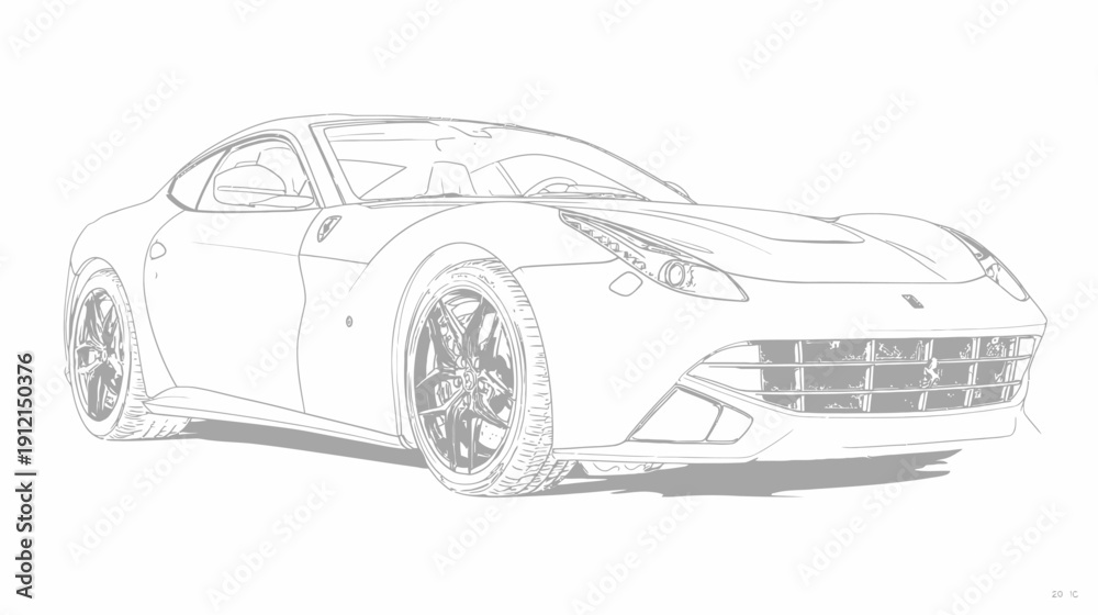 Fototapeta premium Modern luxury sports car line art drawing with detailed outline on a clean white background, automotive design concept sketch