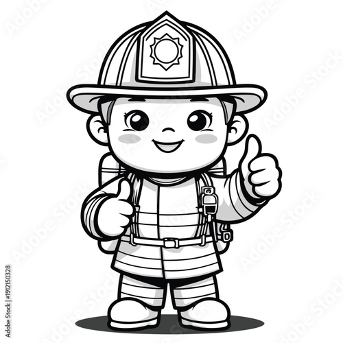 Cute Cartoon Firefighter Giving Thumbs Up Line Art.