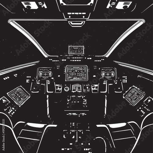 Interior cockpit view of a high-tech aircraft with illuminated controls and monochrome instrument panels.