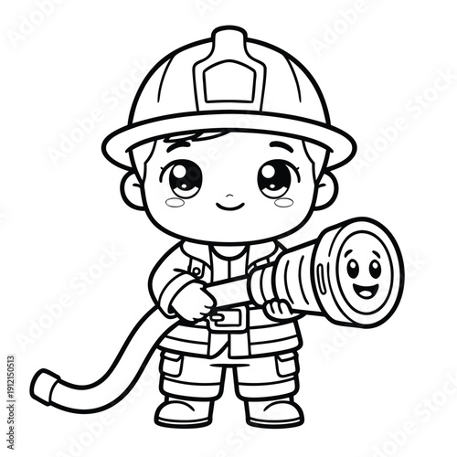 Cute cartoon firefighter holding a hose ready for action.