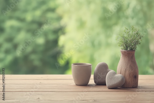 Contemporary table display with plants and stones in a natural setting near a garden
