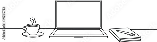 Workspace line vector illustration, minimalist office desk design with laptop, coffee cup, notebook, pen, and productivity artwork