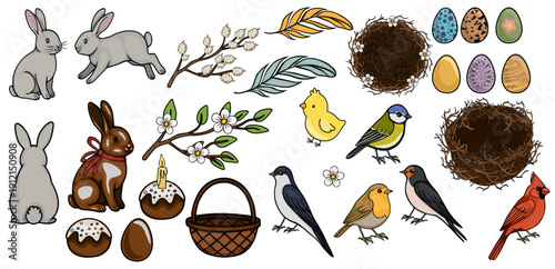 Set of vector Easter illustrations: bunnies, birds, nests, eggs, cake, basket, branches