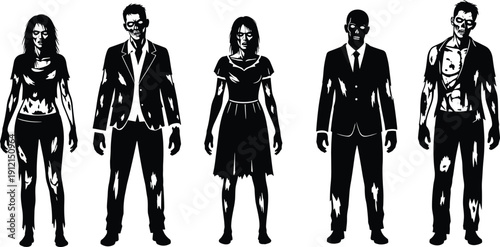 Zombie character silhouettes — black and white horror icons with tattered clothing and eerie poses for Halloween and undead illustration sets