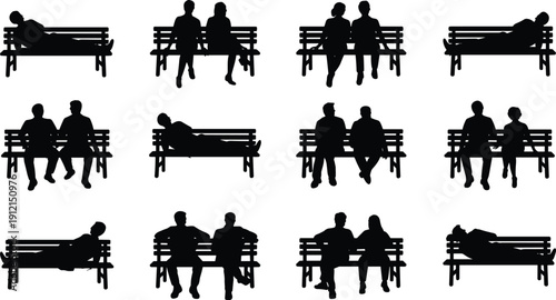 People sitting on park bench silhouettes, men and women resting, talking and relaxing, black vector illustration isolated background