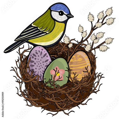 Blue Tit bird on a nest with decorated Easter eggs and pussy willow branches, vector illustration