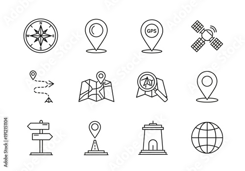 A collection of twelve blackandwhite line icons related to navigation and location services