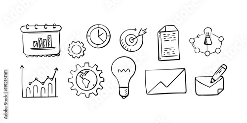 Collection of icons representing various aspects of business and planning Vector