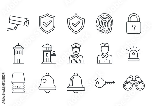 A grid of fifteen blackandwhite line icons depicting security and surveillance equipment and personnel