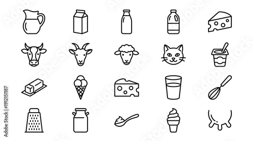 Dairy Products and Farm Animals Line Art Icons Set: Milk, Cheese, Butter, Yogurt, and More