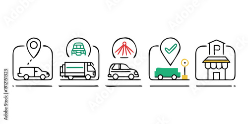 Illustrations of various vehicles and their associated services Vector