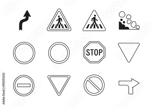 Collection of twelve black and white road sign outlines and symbols