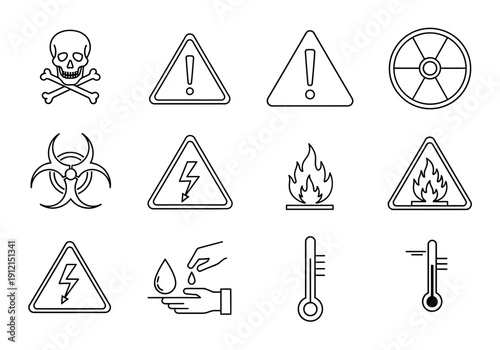 Collection of twelve black outline icons depicting various hazard and warning symbols