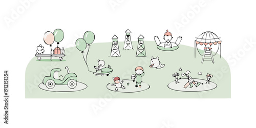 A whimsical illustration of children playing with various toys and objects in a park Vector