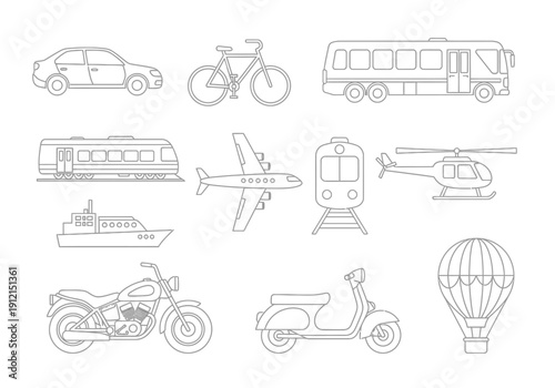 Gray line art icons of various modes of transportation arranged in three rows