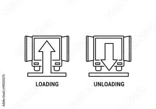 Line art icons for truck loading up arrow and unloading down arrow