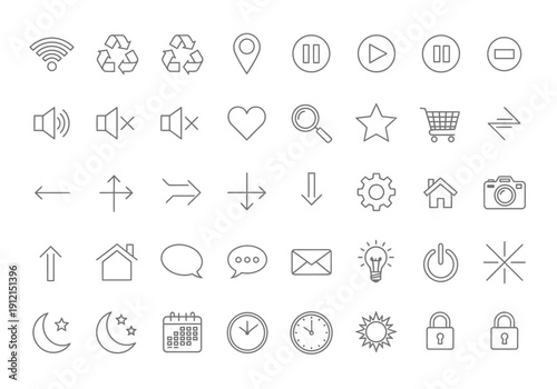 Monochromatic lineart icon set arranged in five rows of twelve icons each