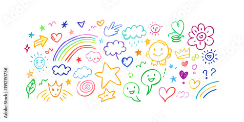 A vibrant and colorful illustration of various shapes and symbols floating in the air Vector